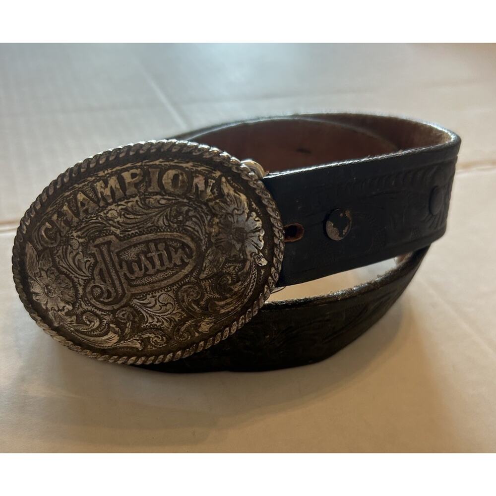 Justin Kids CHAMPION Silver Buckle Sz 18-22” Black Leather Hand Tooled Belt USA‎